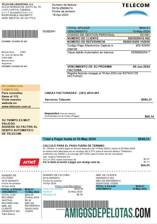 imprimível Modelo de fatura de serviços públicos da Argentina Telecom em formato Word e PDF totalmente editável, bom para comprovação de endereço